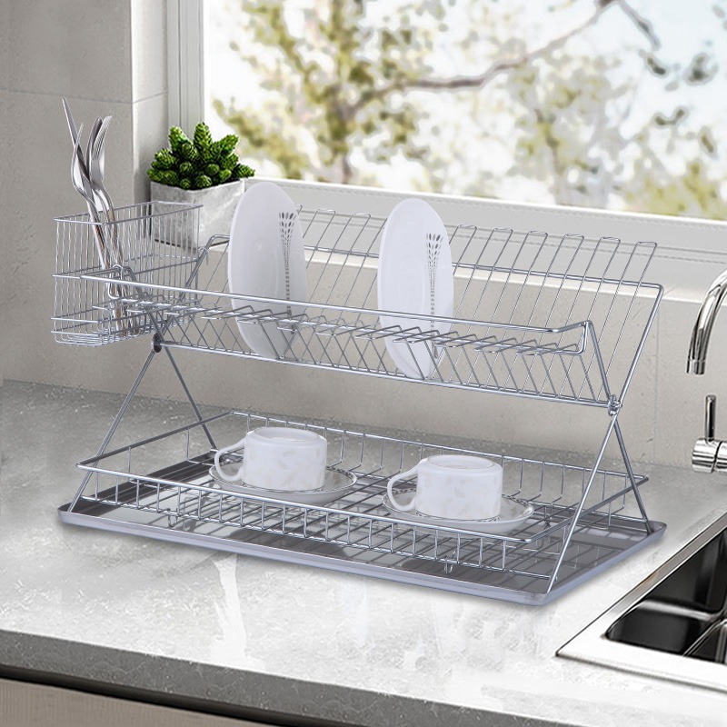 2 Tier Folding Dish Rack with Tray