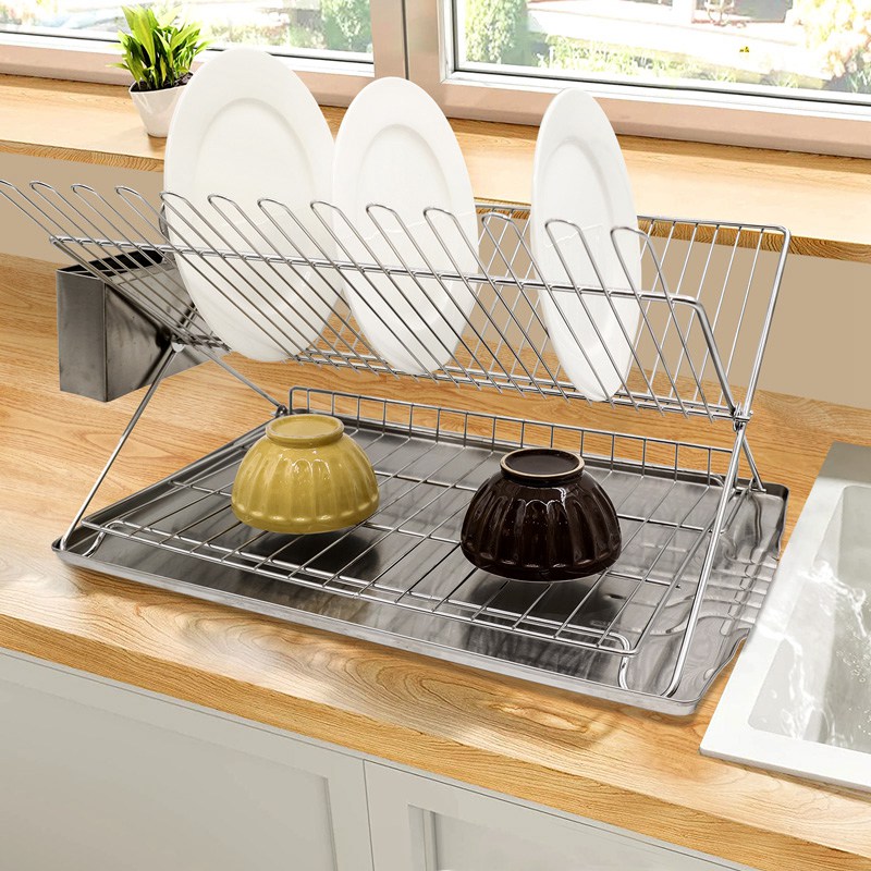 2 Tier Metal Dish Rack with Stainless Steel Tray