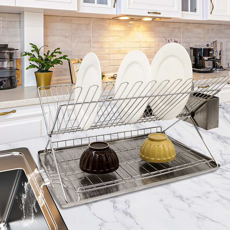 2 Tier Metal Dish Rack with Stainless Steel Tray