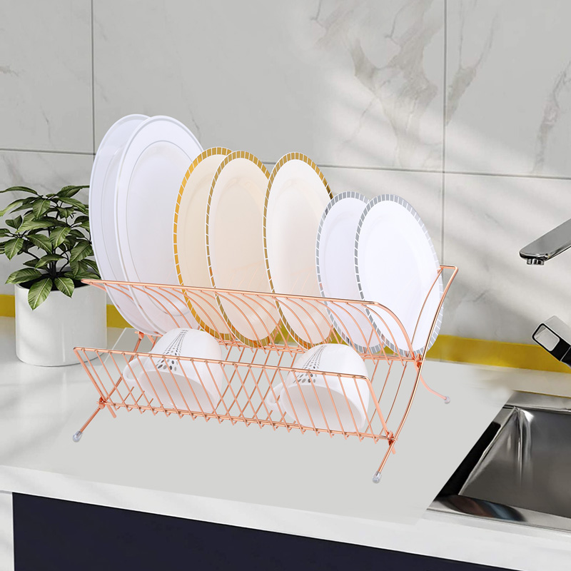 2 Tier Foldable Copper Dish Rack