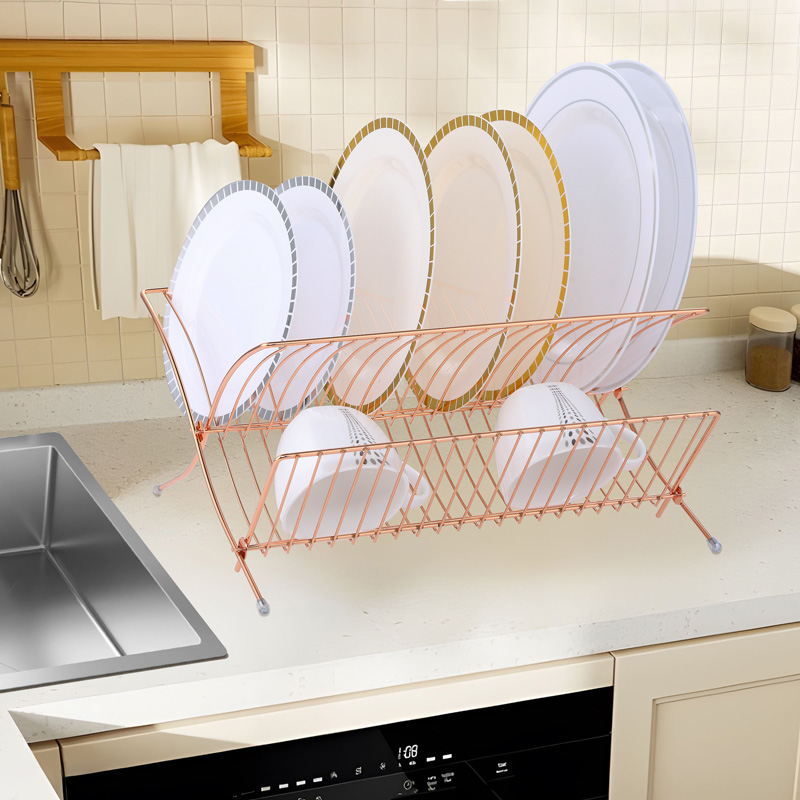 2 Tier Foldable Copper Dish Rack