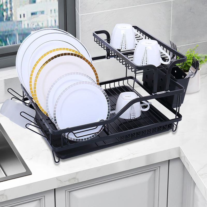 2 Layer Storage Dish Rack with Drain Board