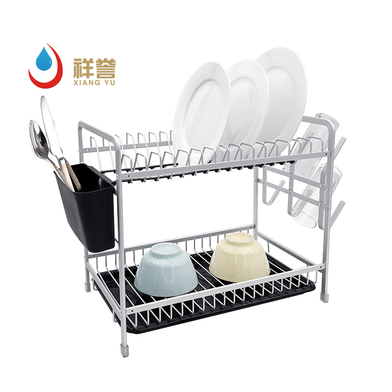 2 Tier Aluminum Dish Drainer Rack With Tray