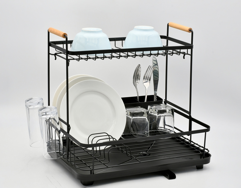 Black Two-Tier Dish Rack with Drain Spout