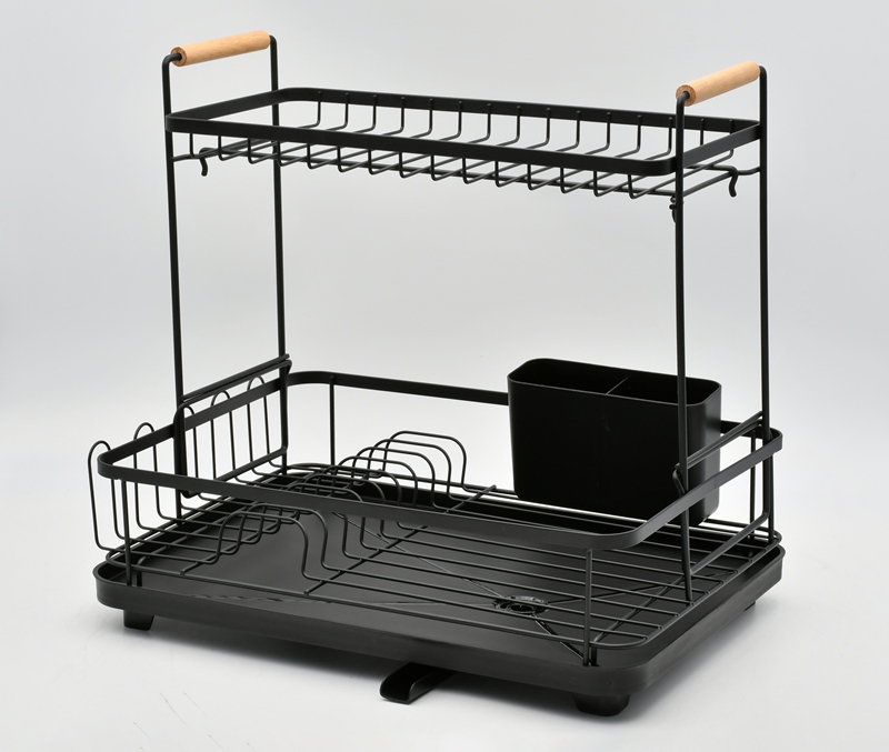 Black Two-Tier Dish Rack with Drain Spout