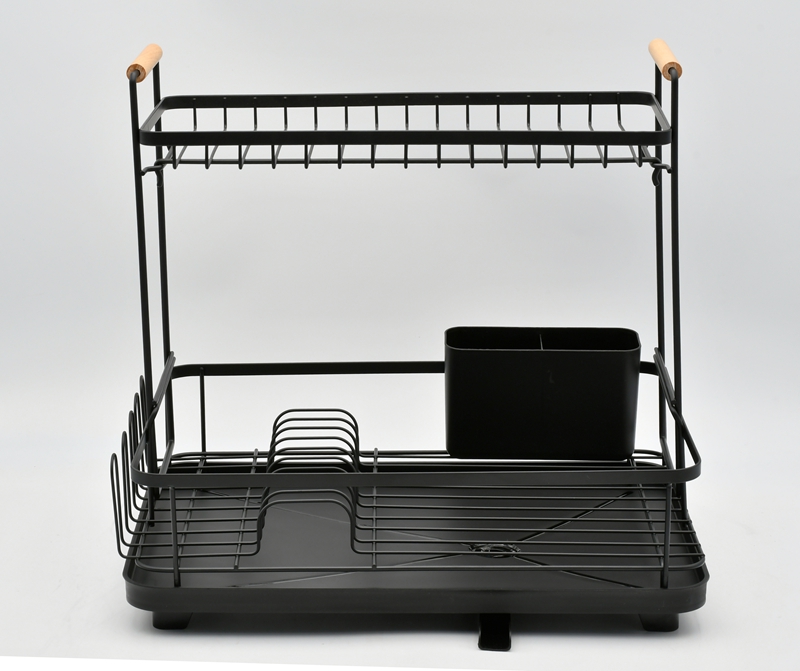 Black Two-Tier Dish Rack with Drain Spout
