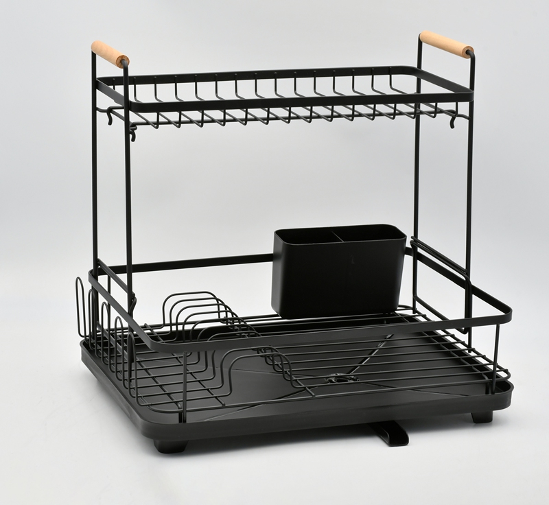 Black Two-Tier Dish Rack with Drain Spout