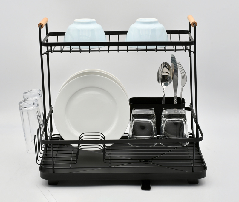 Black Two-Tier Dish Rack with Drain Spout