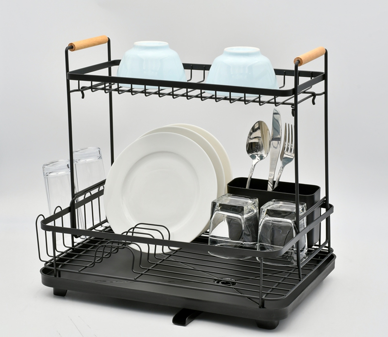 Black Two-Tier Dish Rack with Drain Spout