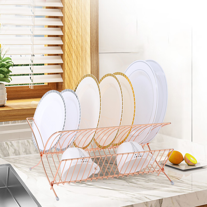 2 Tier Foldable Copper Dish Rack